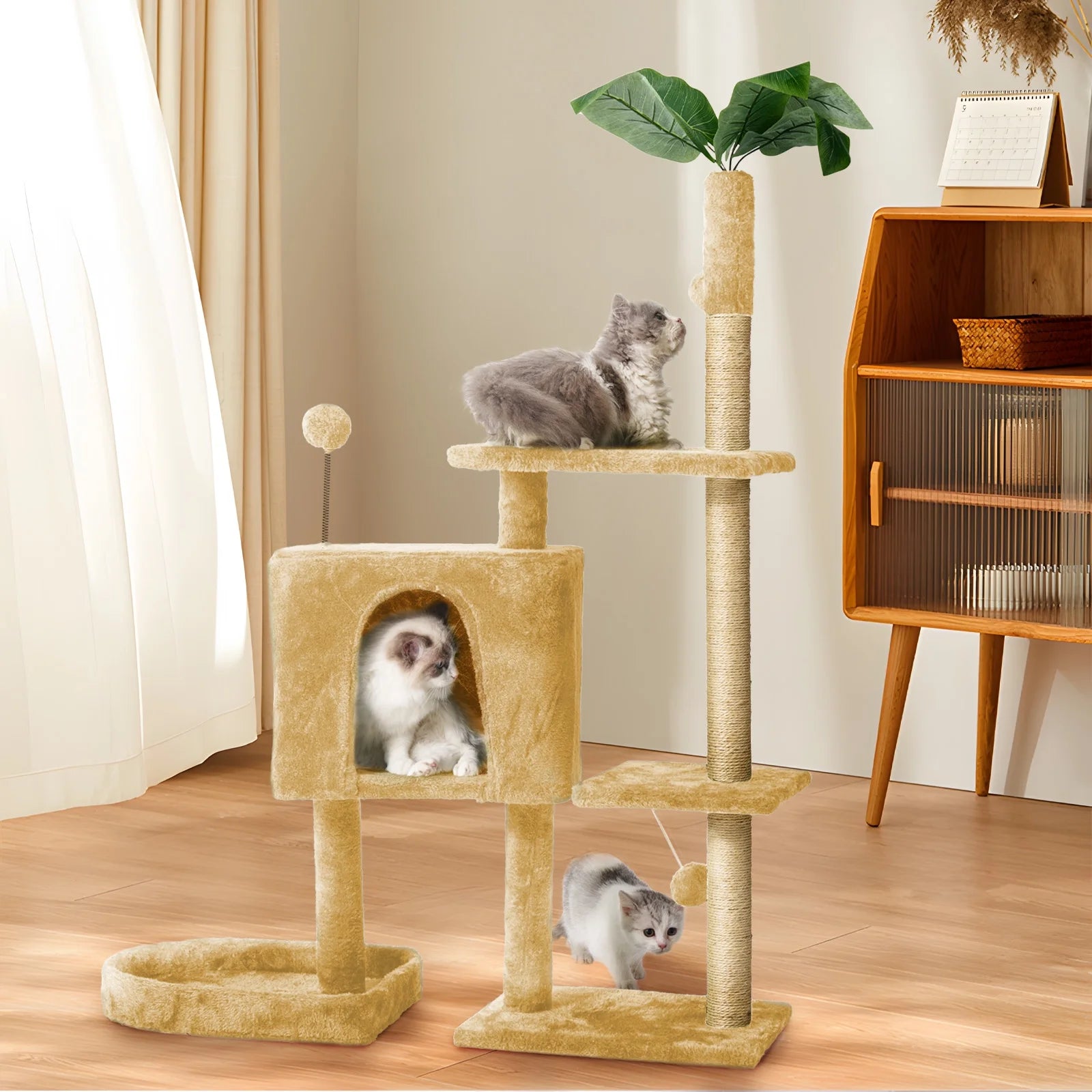 31.5" Cat Tree Cat Tower for Indoor Cats with Green Leaves, Cat Condo Cozy Plush Cat House with Hang Ball and Leaf Shape Design, Cat Furniture Pet House with Cat Scratching Posts, Green